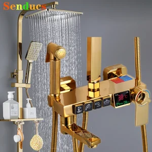 Ensemble de douche de salle de bains numérique thermostatique, pomme de douche à effet de pluie, accessoires de robinetterie de salle de bains en laiton, système de douche numérique chaud et froid