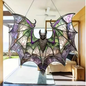 attrapesoleil chauvesouris vitrail tiffany gothique hibou sculpté ailes déployées verre teinté violet vert beige armature métallique chaînette suspension murale halloween attrapesoleil chauvesouris vitrail tiffany gothique hibou sculpté ailes déployées verre teinté violet vert beige armature métallique chaînette suspension murale halloween