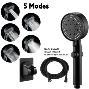 Pommeau de douche réglable argent/noir 3 pièces/ensemble, pomme de douche haute pression à économie d&rsquo;eau avec 5 Modes + support mural + tuyau de 1.5M