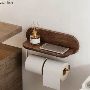 porte papier toilette mural bois noyer tablette intégrée rangement rouleau double tige métal doré finition scandinave minimaliste gain place