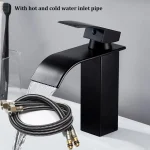 Lavabo cascade robinet en acier inoxydable noir avec tuyau d&rsquo;entrée d&rsquo;eau chaude et froide lavabo de toilette salle de bains maison