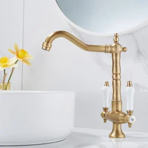 Becola robinet de salle de bains à double poignée monotrou, robinet de lavage rétro en laiton jaune mat avec Texture haut de gamme, robuste et Durable Becola robinet de salle de bains à double poignée monotrou, robinet de lavage rétro en laiton jaune mat avec Texture haut de gamme, robuste et Durable