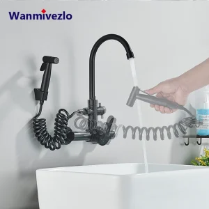 Robinet de cuisine avec pistolet de pulvérisation, mitigeur d&rsquo;eau chaude et froide mural, robinets rotatifs, double Mode d&rsquo;eau, sans nettoyage des coins morts