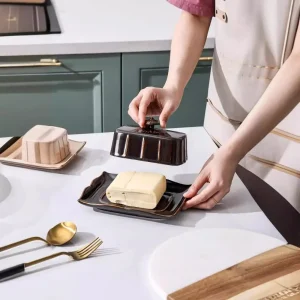 Plat à beurre en céramique rectangulaire, plat Dim Sum exquis pour la maison avec couvercle, boîte de conservation du fromage frais, barre