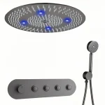 Pommeau de douche encastré thermostatique, ensemble de douche gris, plan de plafond à effet pluie rond canonique, LED, 600mm, 4