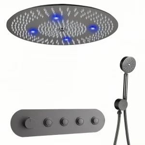 Pommeau de douche encastré thermostatique, ensemble de douche gris, plan de plafond à effet pluie rond canonique, LED, 600mm, 4 Pommeau de douche encastré thermostatique, ensemble de douche gris, plan de plafond à effet pluie rond canonique, LED, 600mm, 4