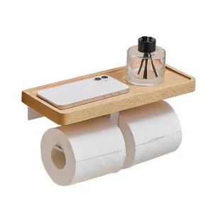 porte rouleau papier toilette mural double tablette rangement bois clair bords arrondis supports métal blanc minimaliste scandinave sans perçage