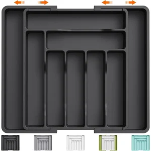 Organisateur tiroir extensible couverts ustensiles modulable réglable compartiments ajustables plastique robuste finition mate antidérapant couleurs noir gris blanc vert turquoise