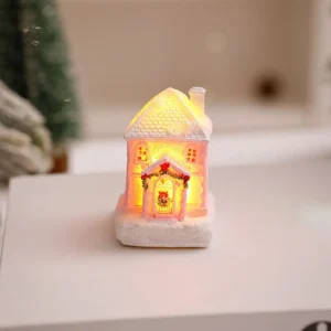 Petite maison de noël en résine scintillante, ornement de maison de noël rose mignon, décorations de noël lumineuses élégantes, Figurines