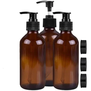 pompe lotions verre ambré 500 millilitres lot trois flacons rechargeables cosmétiques lustré cylindrique épaules arrondies noire doseuse rechange
