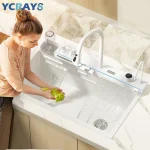 YCRAYS – évier de cuisine Nano blanc, grande cascade à fente unique, robinet à affichage numérique intégré, distributeur de savon, lave-tasse, robinet pur