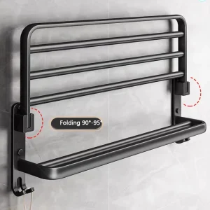 Porte-serviettes mural pliable noir pour salle de bain, pas besoin de perçage, rangement de salle de bain, barre à serviettes, matériel suspendu, accessoire