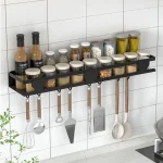 Étagère murale de cuisine multifonctionnelle avec crochets, supports de rangement pour condiments, sans poinçon, organisation domestique, confrontT1