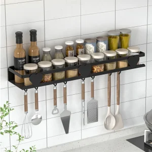 Étagère murale de cuisine multifonctionnelle avec crochets, supports de rangement pour condiments, sans poinçon, organisation domestique, confrontT1 Étagère murale de cuisine multifonctionnelle avec crochets, supports de rangement pour condiments, sans poinçon, organisation domestique, confrontT1
