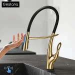 Robinet de cuisine Gestan en laiton brossé doré avec interrupteur tactile, noyau de valve en céramique à poignée unique, robinet d&rsquo;évier d&rsquo;eau chaude et froide