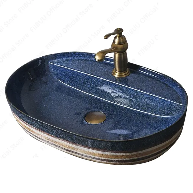 Vasque poser ovale porcelaine céramique émaillée bleu… – vue 6