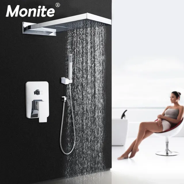 Ensemble douche mural contemporain plaqué or tête pluie… – vue 2