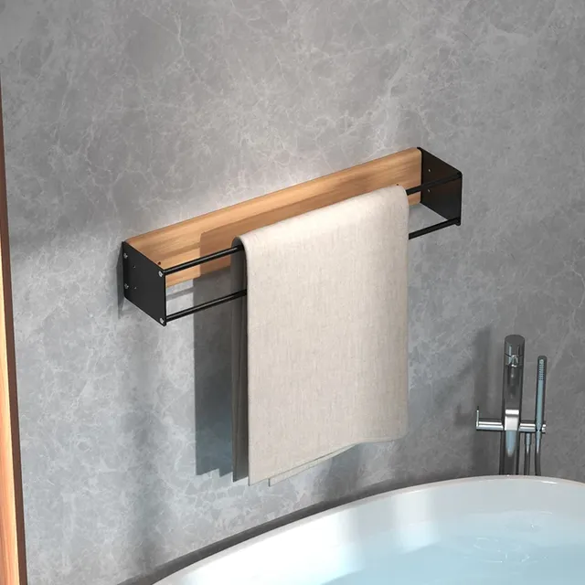 Porte serviettes mural métallique bois clair acier noir… – vue 2