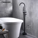 Robinet de baignoire autoportant noir mat, bec à 2 voies et inverseur de douche à main, mitigeur de baignoire monté au sol, robinet de salle de bains chaud et froid