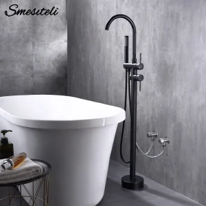 Robinet de baignoire autoportant noir mat, bec à 2 voies et inverseur de douche à main, mitigeur de baignoire monté au sol, robinet de salle de bains chaud et froid