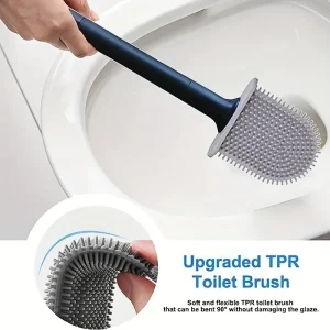 Brosse de Toilette en Silicone, Nettoyeur de WC, Sans Fréquence, Tête Plate, Poils Souples et Flexibles, avec Support