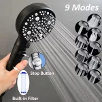 Filtre 9 Modes douche réglable pomme de douche haute pression avec tuyau économie d&rsquo;eau buse de pulvérisation d&rsquo;arrêt à une touche accessoires de salle de bains