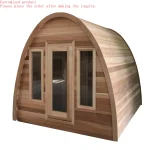 cabine sauna extérieur cèdre canadien arqué lames horizontales porte vitrée compacte préfabriquée panneau informatique poêle bois électrique capacité six personnes