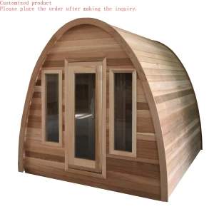 cabine sauna extérieur cèdre canadien arqué lames horizontales porte vitrée compacte préfabriquée panneau informatique poêle bois électrique capacité six personnes