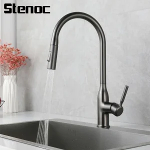 Nouveau robinet de cuisine gris à poignée unique, avec pulvérisateur extractible, en laiton à Arc élevé, robinets d&rsquo;évier de cuisine pivotants à 360 degrés, montage sur le pont chromé