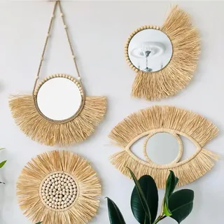 Miroirs muraux décoratifs suspendus bohème chic raphia franges…