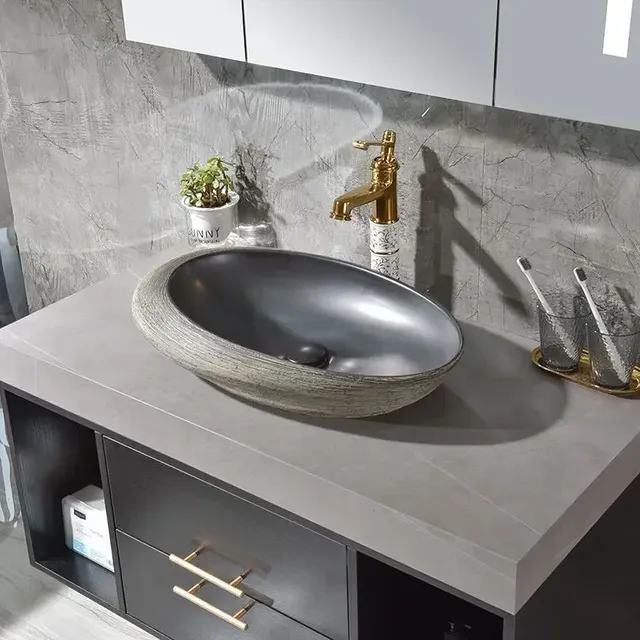 Meuble vasque mural contemporain marbre gris ronde… – vue 3