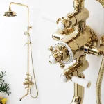 HOBath-Ensemble de douche thermostatique mural, or classique, chrome, pluie finie, mitigeur
