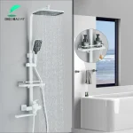 Ensemble de douche blanche avec longue rotation du bec, douche de sauna à effet pluie avec étagère, système de robinet de centre commercial, 3 fonctions