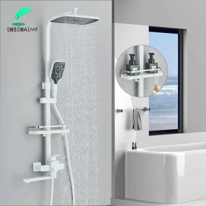 Ensemble de douche blanche avec longue rotation du bec, douche de sauna à effet pluie avec étagère, système de robinet de centre commercial, 3 fonctions Ensemble de douche blanche avec longue rotation du bec, douche de sauna à effet pluie avec étagère, système de robinet de centre commercial, 3 fonctions