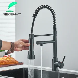 Robinet d’évier de cuisine noir, mitigeur d’eau chaude et froide extractible, robinet à 2 modes avec double bec, Rotation à 360 degrés, montage sur le pont Flexible Robinet d’évier de cuisine noir, mitigeur d’eau chaude et froide extractible, robinet à 2 modes avec double bec, Rotation à 360 degrés, montage sur le pont Flexible