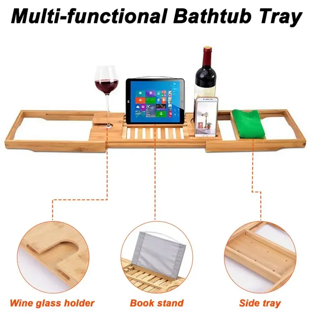 Plateau baignoire bambou extensible réglable porte verre… – vue 4