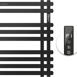 radiateur sèche serviettes électrique mural noir mat acier inoxydable barres plates horizontales écran tactile latéral thermostat programmable minuterie