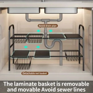 Supports de rangement de cuisine réglables, étagères de rangement et armoires sous l&rsquo;évier de cuisine, supports de rangement en métal noir et blanc