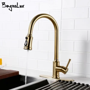 Robinet de cuisine monté sur un pont en laiton doré brossé, capteur tactile, mélangeur à une poignée, robinets d&rsquo;eau chaude et froide, 3 fonctions