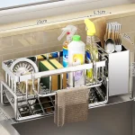 Organisateur d&rsquo;évier de cuisine en acier inoxydable, support de robinet, porte-éponge, étagère à serviettes, rangement auto-gourant pour accessoires d&rsquo;évier