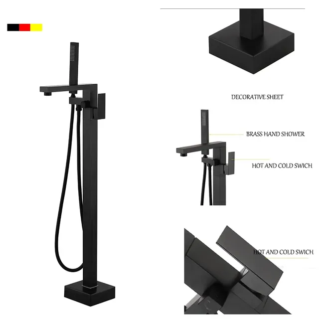 Robinet de baignoire de sol carré noir de luxe – vue 2