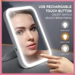 miroir maquillage DEL rechargeable USB rectangulaire cadre blanc pliable support tactile gradation réglable trois modes lumière douce vive compacte portable