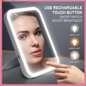 miroir maquillage DEL rechargeable USB rectangulaire cadre blanc pliable support tactile gradation réglable trois modes lumière douce vive compacte portable miroir maquillage DEL rechargeable USB rectangulaire cadre blanc pliable support tactile gradation réglable trois modes lumière douce vive compacte portable