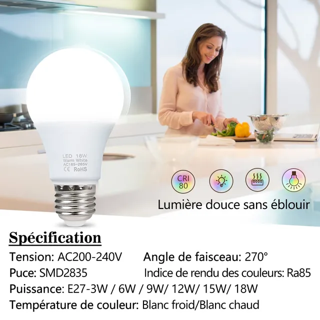 3W 6W 9W 12W 15W 18W LED ampoule lampes E27 Lampada LED… – vue 6