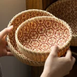 Panier de rangement rond en bambou tissé à la main, cuisine à usage domestique, panier pliable rustique pour collation de fruits, légumes et vêtements sales, cadre