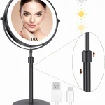 Miroir de maquillage à 3 couleurs avec lampe lumineuse, grossissement 10X, luminosité réglable de 8 pouces, miroir cosmétique sur pied en hauteur