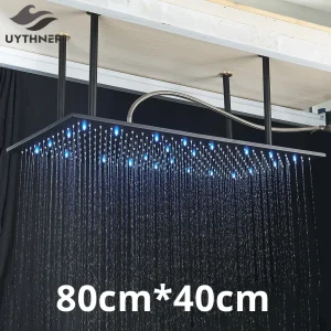 Pommeau de douche pluie chromé avec bras monté au plafond, pommeau de douche à LED, pulvérisateur supérieur, accessoires HOShower, grand, luxe, 80cm Pommeau de douche pluie chromé avec bras monté au plafond, pommeau de douche à LED, pulvérisateur supérieur, accessoires HOShower, grand, luxe, 80cm