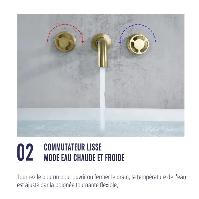 Robinet de lavabo en or brossé Robinet de lavabo mural à… – vue 5