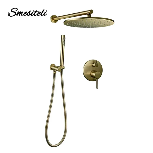 Ensemble douche pluie mural laiton brossé doré moderne… – vue 2