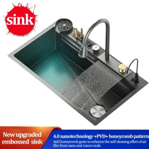 Évier de cuisine en acier inoxydable 304, cascade de pluie, panneau simple en nid d&rsquo;abeille, grand lavabo simple